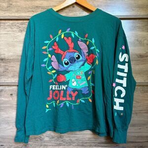 Disney Stitch Teal Green Long Sleeve Holiday Tee Feelin' Jolly women's M Great P